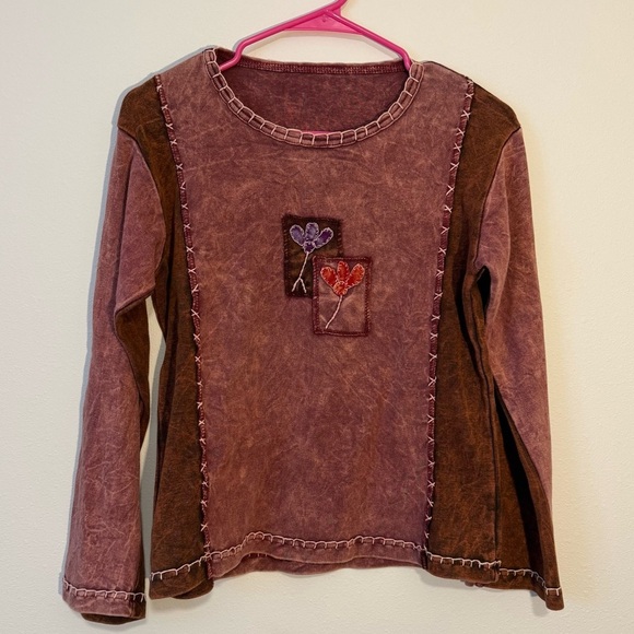 Hand stitched Red and Pink Shirt with Long Sleeves and Flower Detail - Picture 1 of 5